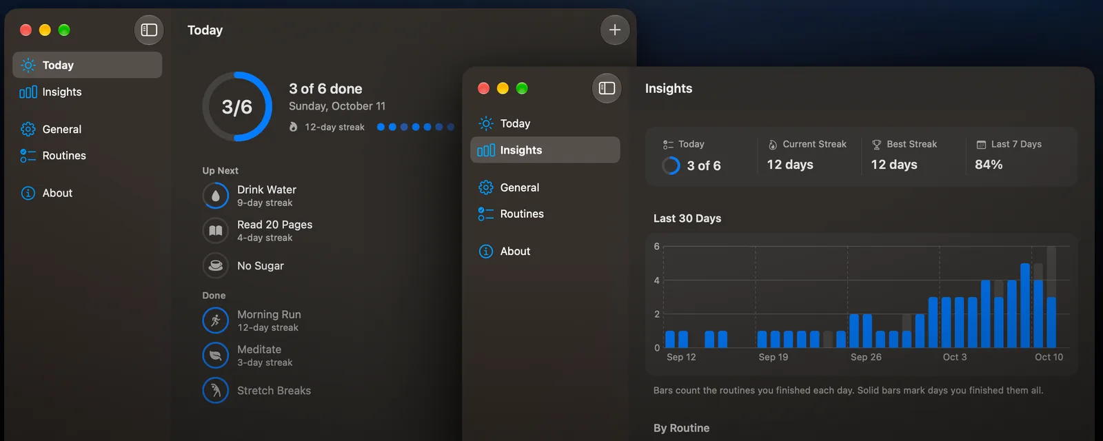 Countly's Today and Insights windows on the Mac, with streaks and a 30-day chart