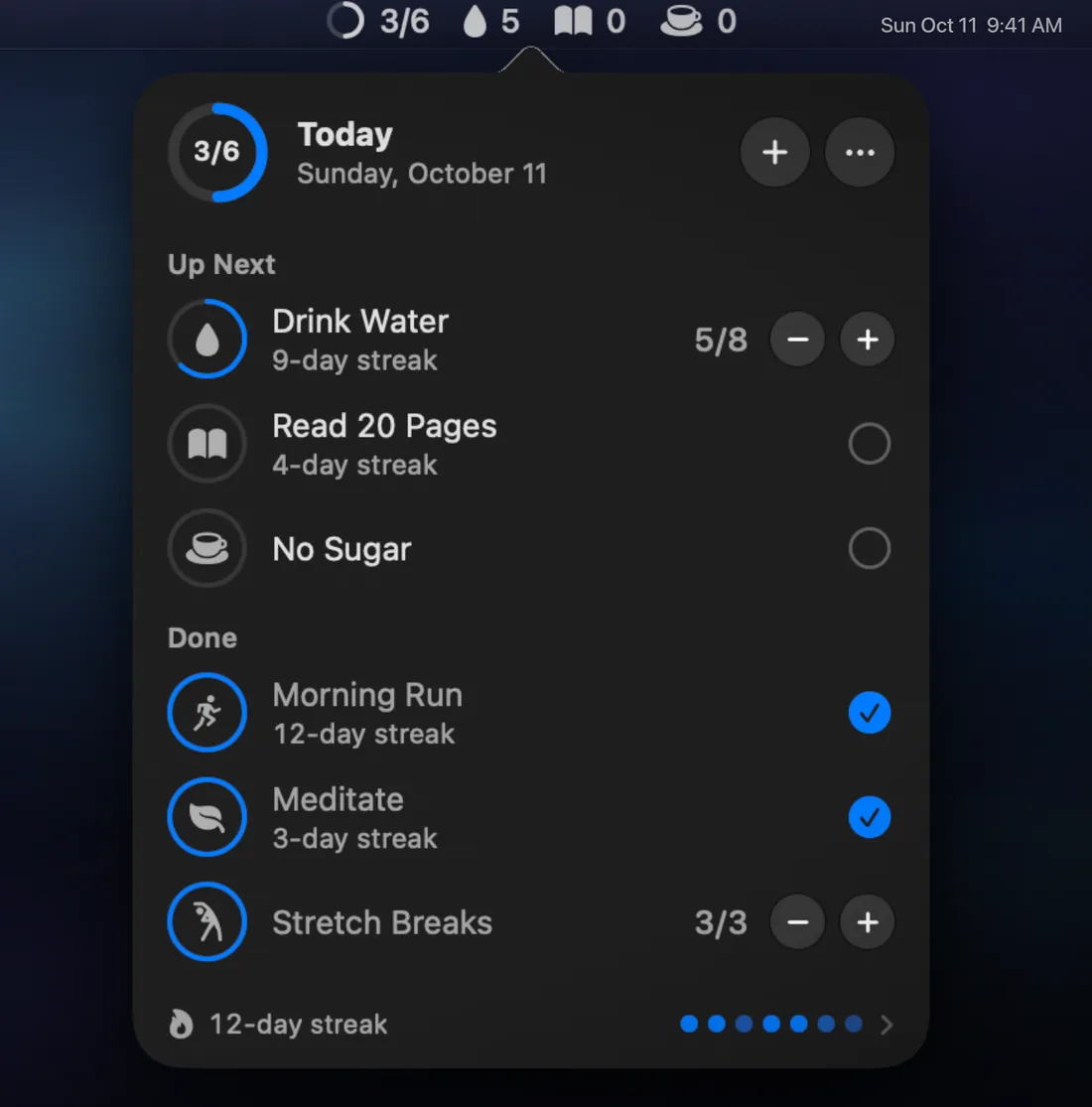 Countly's menu bar popover listing today's routines, with counters and check-ins